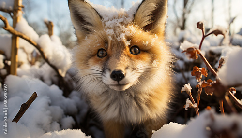 Red fox Vulpes vulpes looking in camera. feeding in deep snow with snowfall, in snowlandscape forest. Wildlife in the winter photo