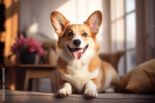 Corgi dog lies at home and smiles. Corgi dog smiling portrait pembroke welsh corgi walking outdoor in summer park. Generative AI.