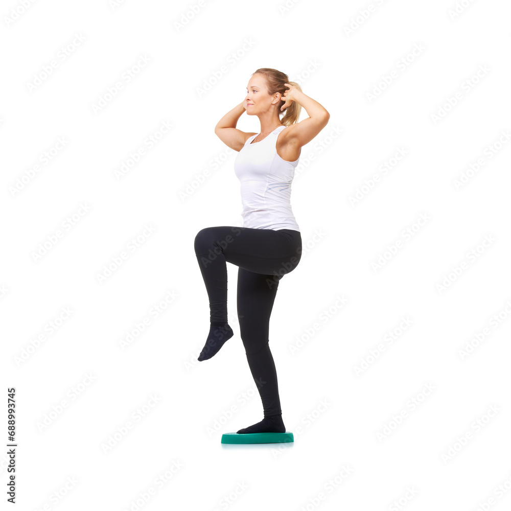 Balance, wellness and fitness with woman on disk in studio for workout, mindfulness or exercise. Health, challenge and training with person on white background for flexibility, smile or aerobics Balance, wellness and fitness with woman on disk in studio for workout, mindfulness or exercise. Health, challenge and training with person on white background for flexibility, smile or aerobics