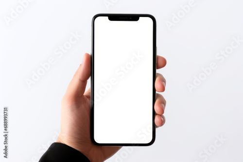 Person holding cell phone in their hand with white screen.