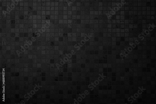 Dark black ceramic wall chequered and floor tiles mosaic background in bathroom. Design pattern geometric with grid wallpaper texture decoration pool. Simple seamless abstract surface grunge.