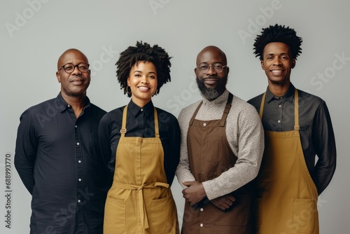 Professional African restaurant team. Chef cooking with waiters in aprons pub workers. Generate ai photo
