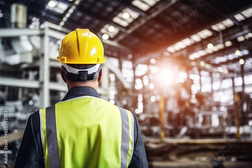 Rear view of Caucasian male engineer wearing safety vest and hardhat standing in warehouse. This is a freight transportation and distribution warehouse. Industrial and industrial workers concept