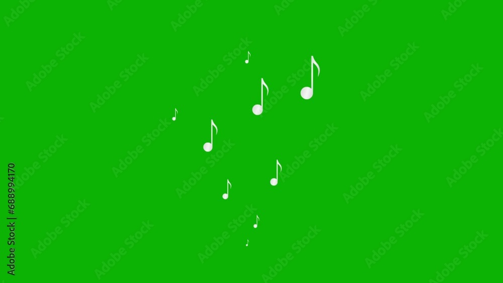 Animated silver notes fly from bottom to top. A wave of flying notes. Concept of music, song, melody. Vector illustration isolated on the green background.