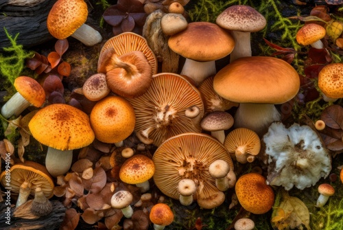 Autumn diverse fungi. Natural orange mushrooms in wild forest habitat. Generate ai