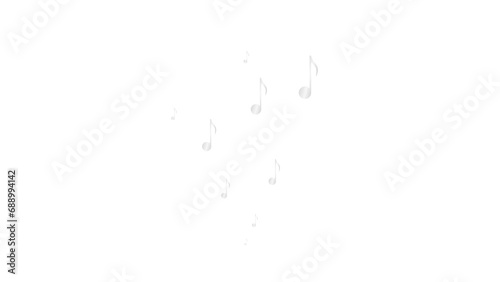 Animated silver notes fly from bottom to top. A wave of flying notes. Concept of music, song, melody. Vector illustration isolated on the white background. photo
