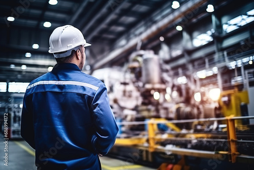 Rear view of Caucasian male engineer wearing safety vest and hardhat standing in warehouse. This is a freight transportation and distribution warehouse. Industrial and industrial workers concept