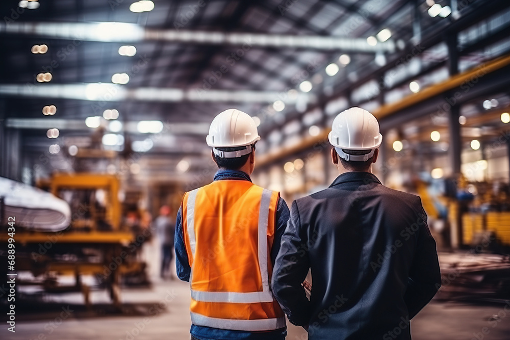 Rear view of Caucasian male engineer wearing safety vest and hardhat standing in warehouse. This is a freight transportation and distribution warehouse. Industrial and industrial workers concept Rear view of Caucasian male engineer wearing safety vest and hardhat standing in warehouse. This is a freight transportation and distribution warehouse. Industrial and industrial workers concept