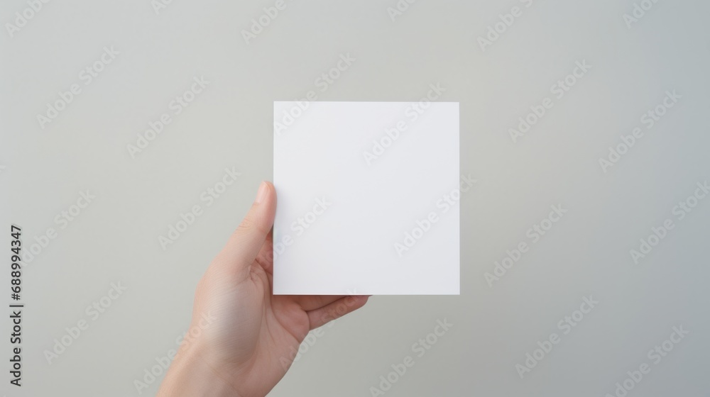 Blank white square greeting card opened by female hand with manicured nails. Mockup. Top view. Stylish and blurry background. For the text entry area - obrazy, fototapety, plakaty 