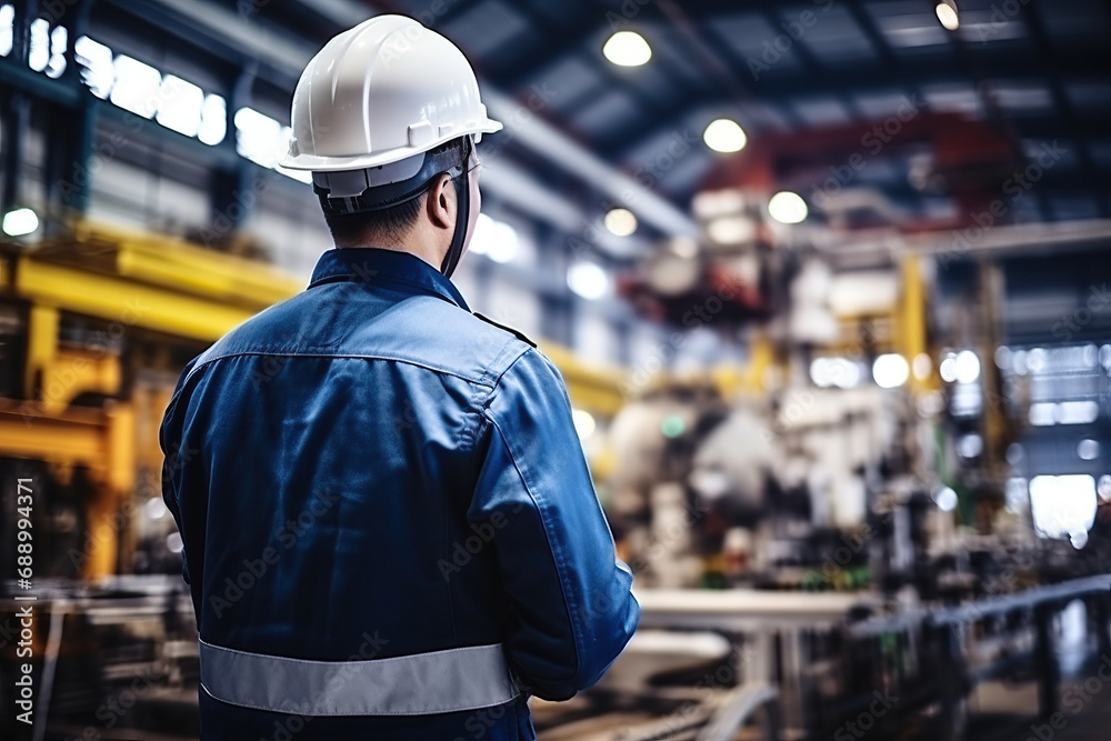 Rear view of Caucasian male engineer wearing safety vest and hardhat standing in warehouse. This is a freight transportation and distribution warehouse. Industrial and industrial workers concept Rear view of Caucasian male engineer wearing safety vest and hardhat standing in warehouse. This is a freight transportation and distribution warehouse. Industrial and industrial workers concept