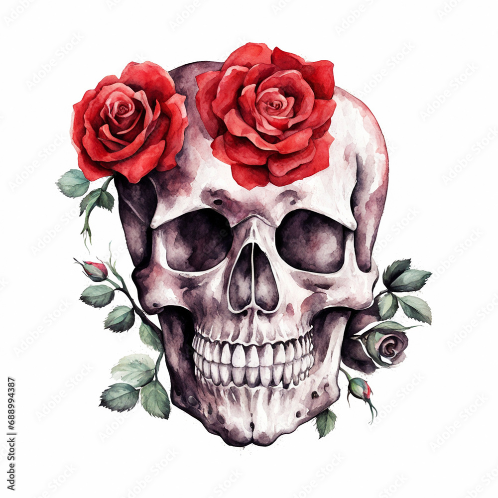 Watercolor skull with rose flower. Hand painted illustration on white background Watercolor skull with rose flower. Hand painted illustration on white background