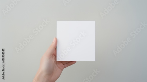 Blank white square greeting card opened by female hand with manicured nails. Mockup. Top view. Stylish and blurry background. For the text entry area photo