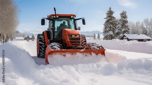 Big orange tractor cleans up snow from the road and loads it into the truck. Cleaning and cleaning of roads in the city from snow in winter. Snow removal after snowfall and blizzards. Generative AI