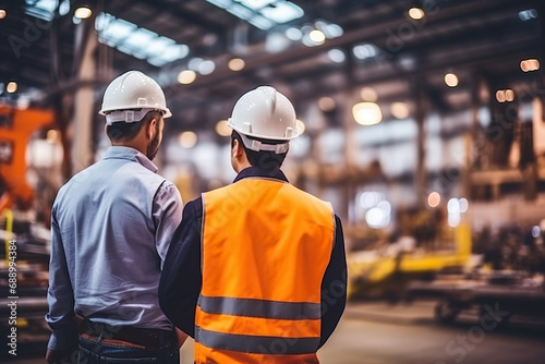 Rear view of Caucasian male engineer wearing safety vest and hardhat standing in warehouse. This is a freight transportation and distribution warehouse. Industrial and industrial workers concept