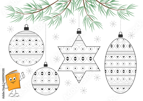Coloring page with Christmas decorations for kids. Tracing and color worksheet for practicing motor skills.  Tracing contours, handwriting practice. Vector illustration