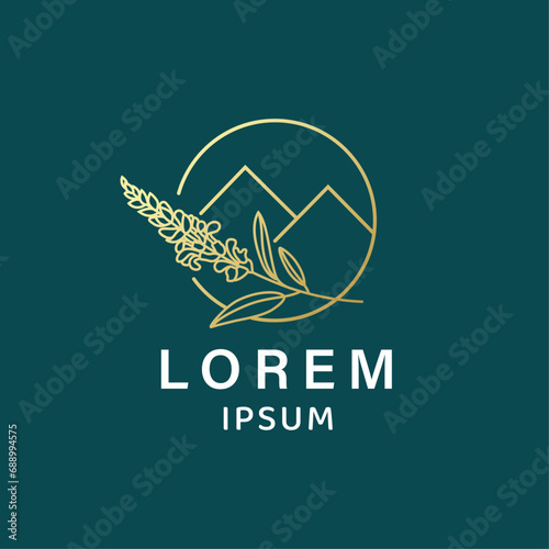 Logo with sage branch and mountains. Letter M logo in the form of mountains. Golden logo with a flower branch and mountains in vector.