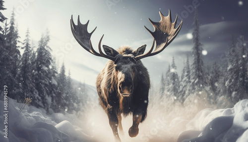 a moose with big antlers in a snowy landscape