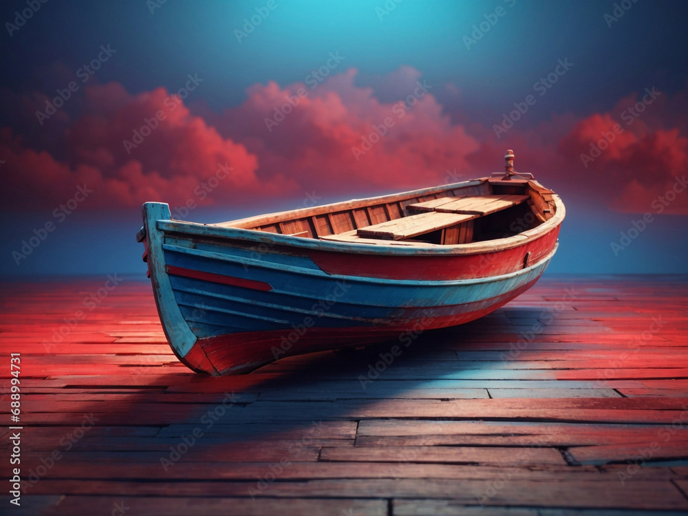 Fototapeta premium 3d Colorful old wooden boat isolated on gradient background. isometric 3d rendering fishing boat. 