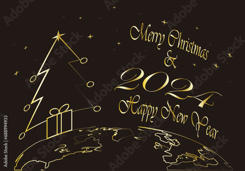 Christmas 2024. Felicitación navideña 2024. Feliz Navidad y Feliz Año Nuevo 2024 en trazo dorado sobre fondo negro, con un árbol de Navidad, la estrella, un regalo, estrellitas en el cielo y sobre el 