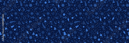 Big Blue Seamless Christmas Pattern filled with xmas decorations. Fun Christmas Pattern of xmas ornaments and icons. For backgrounds, presentations, wrapping papers, prints, artworks. EPS 10.