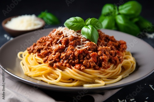 A plate of spaghetti bolognese topped with grated photo