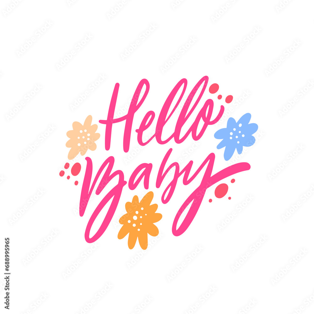 Hello Baby pink color script calligraphy lettering phrase. Hello Baby pink color script calligraphy lettering phrase.