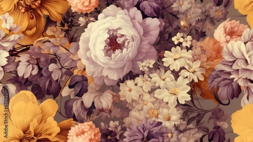 Vintage botanical flower seamless wallpaper, vintage pattern for floral print digital background, texture, yellow, purple