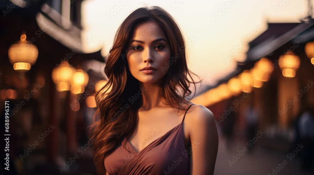 Young Asian woman with a city background and copyspace