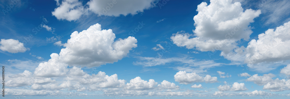 blue sky background with clouds. wide web banner. Blue sky and white clouds floated in the sky on a clear day with warm sunshine combined with cool breeze - obrazy, fototapety, plakaty 