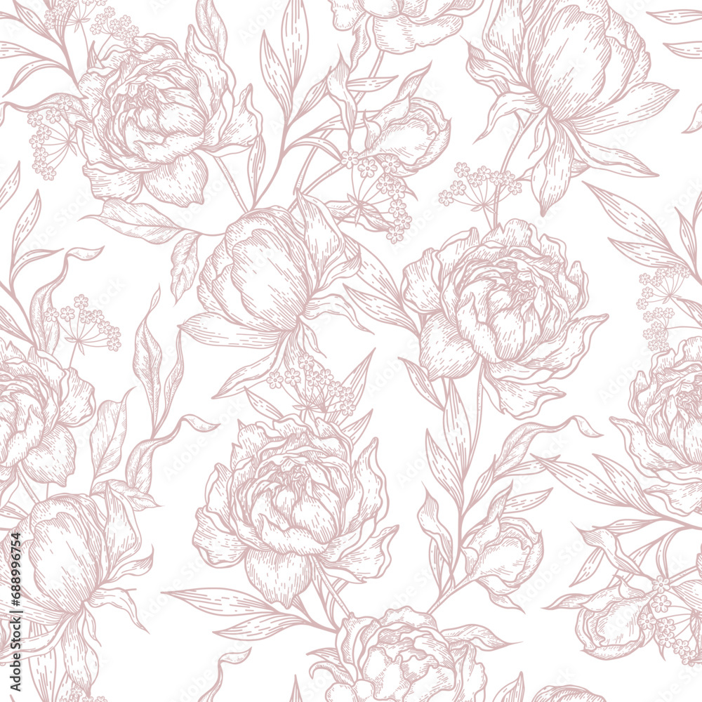 Peony flower seamless pattern drawing. Vector hand drawn engrave Peony flower seamless pattern drawing. Vector hand drawn engrave