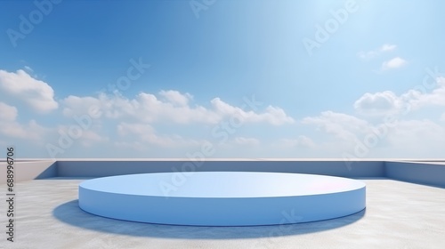 Empty podium for cosmetic presentation, blue scene for product exhibition, display, showcase. Cloudy blue sky background © CYBERUSS