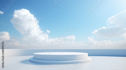 Empty podium for cosmetic presentation  blue scene for product exhibition  display  showcase. Cloudy blue sky background