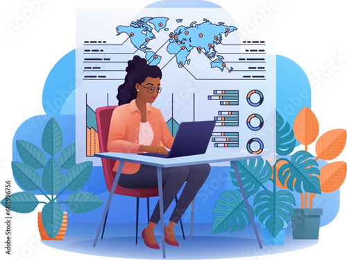 Woman business person student on laptop remote home working writing analysing website internet document infographic stats. Cartoon data analysis, financial stock market trading report finance concept.
