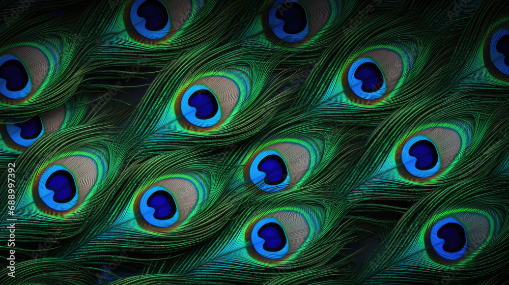 Obraz premium Background from peacock feathers. Background of many beautiful peacock feathers for design. Close-up.