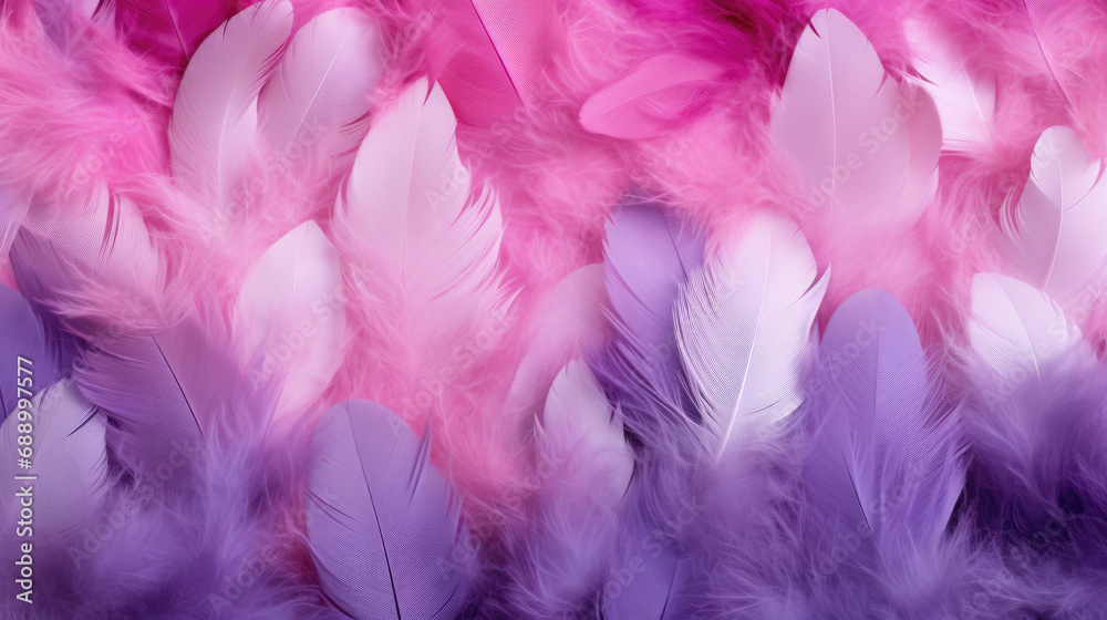 Beautiful background of feathers in purple, pink and coral colors.