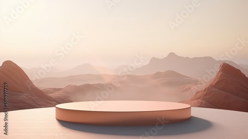 Empty podium for cosmetic showcase  scene for product exhibition  display  presentation. Mountain and sky background