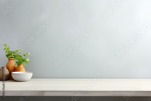 Wooden table with bowl and flower pot in front of grey wall  copy space background