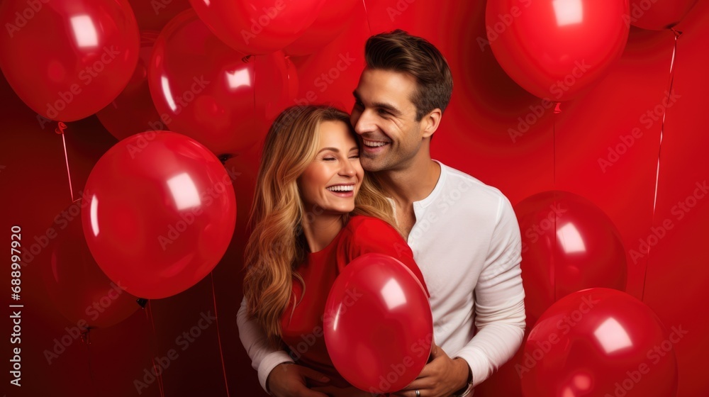 beautiful young couple in fresh and new love on red background