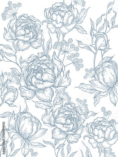 Graphic card with peony and leaves. Illustration