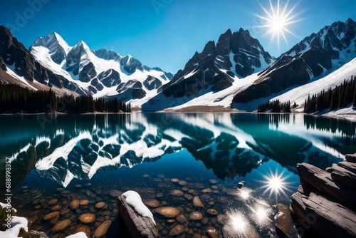 Snow-capped peaks reflecting in a crystal-clear alpine lake © Sheh