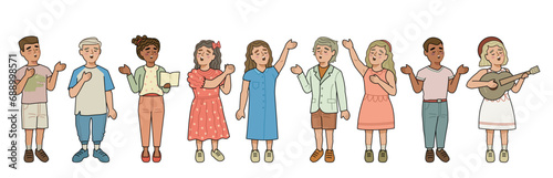 oung singers sings a song. Children's choir. Cute boys and girls flat cartoon characters set, vector illustration isolated on white.