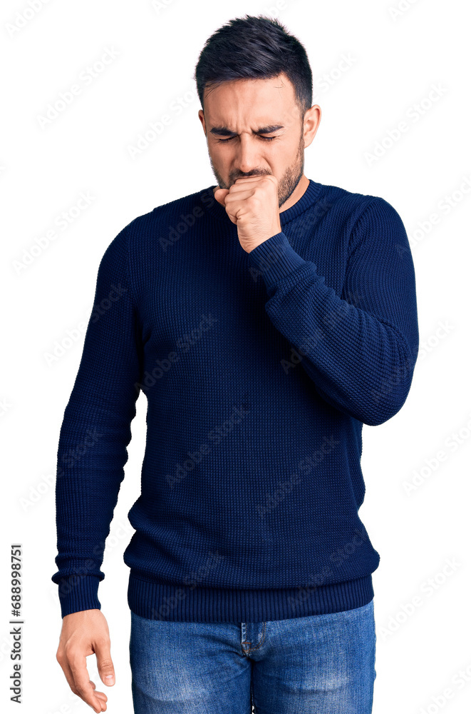Young handsome man wearing casual clothes feeling unwell and coughing as symptom for cold or bronchitis. health care concept.