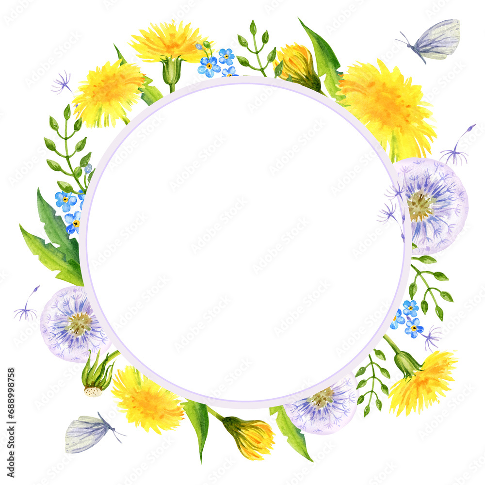 Obraz premium watercolor wreath with summer field flowers, hand draw round frame of yellow dandelions and blow balls, leaves, herbs, butterfly on white background