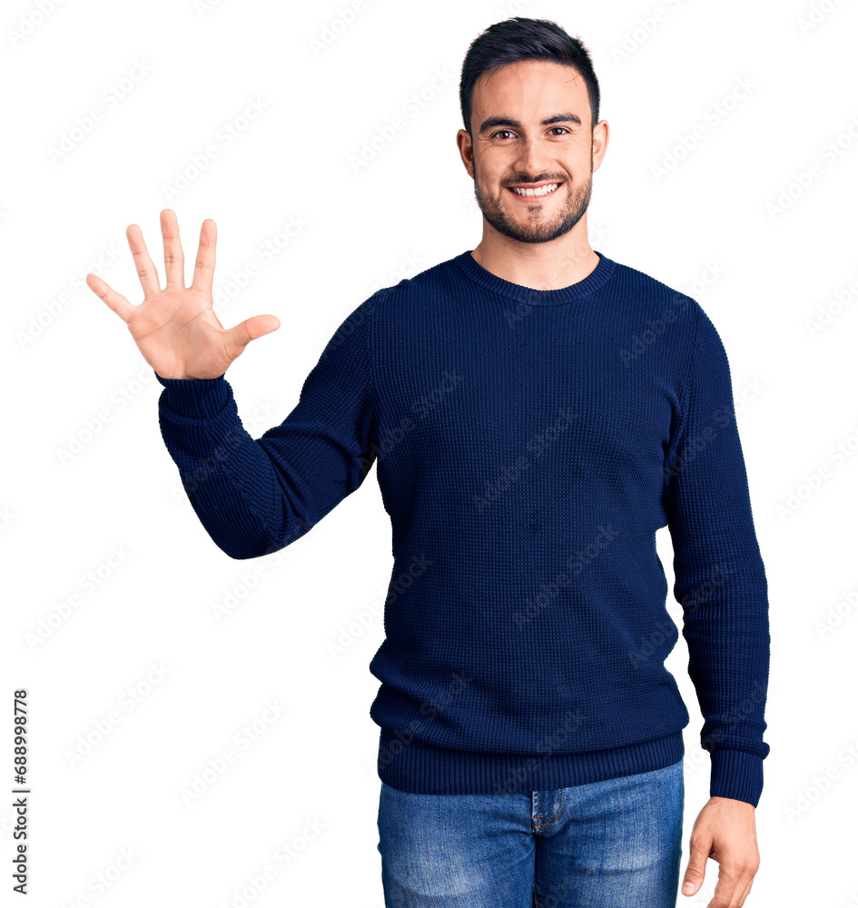 Young handsome man wearing casual clothes showing and pointing up with fingers number five while smiling confident and happy. Young handsome man wearing casual clothes showing and pointing up with fingers number five while smiling confident and happy.