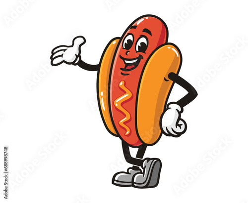 Hot dog Cartoon mascot illustration character  vector with hands welcome pose