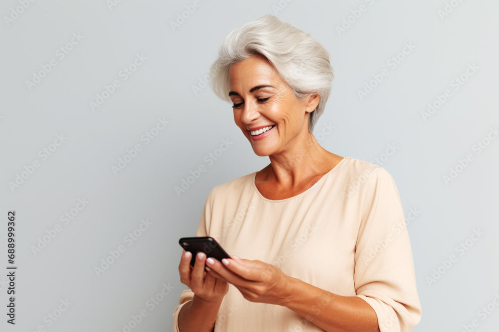Matured woman looking at smart phone in her hand & isolated on minimalist gray background. beautiful smiling woman with good health holding phone on hand. Short hair modern 50s mid-aged woman portrait Matured woman looking at smart phone in her hand & isolated on minimalist gray background. beautiful smiling woman with good health holding phone on hand. Short hair modern 50s mid-aged woman portrait