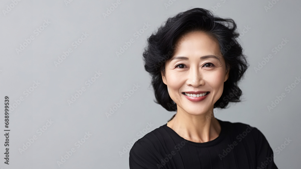 Happy smiling mature Asian woman in black shirt, professional studio portrait, copy space Happy smiling mature Asian woman in black shirt, professional studio portrait, copy space