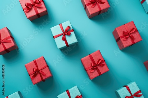 Many small red white gift boxes on texture background of fashion trendy pastel blue color paper in minimal concept. Stylish layout for gift box, greeting card or banner template.