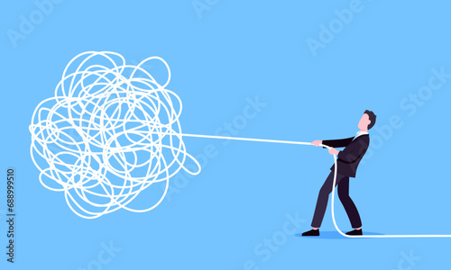 Unravel business chaos process with tangle difficult problem mess business concept photo