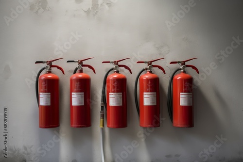 Multiple fire handheld protection extinguisher. Safety firefighting measure equipment on wall. Generate ai